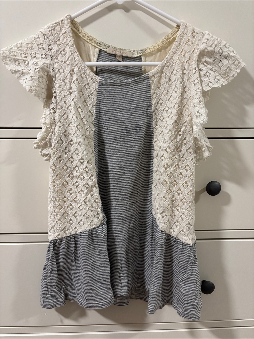 Bordeaux Cream Lace & Gray Striped Peplum Tunic